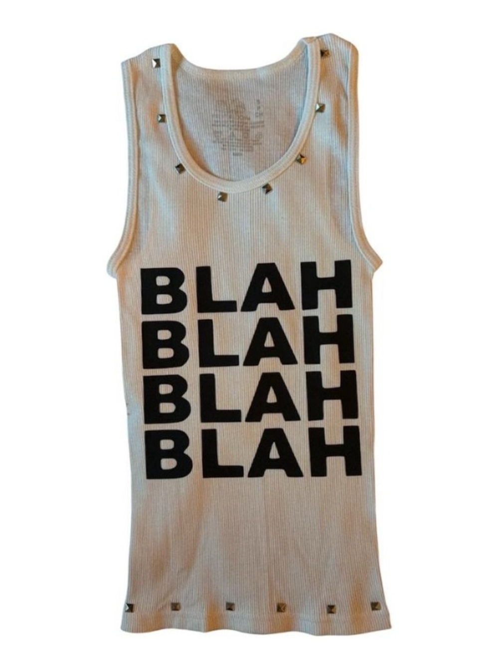 White Ribbed Tank with Black "BLAH" Print and Stud Accents
